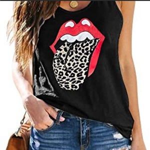 ✨NWT✨ SAUKOLE Women's Sleeveless Rolling Stones lips w/ Leopard Print Loose Tank
